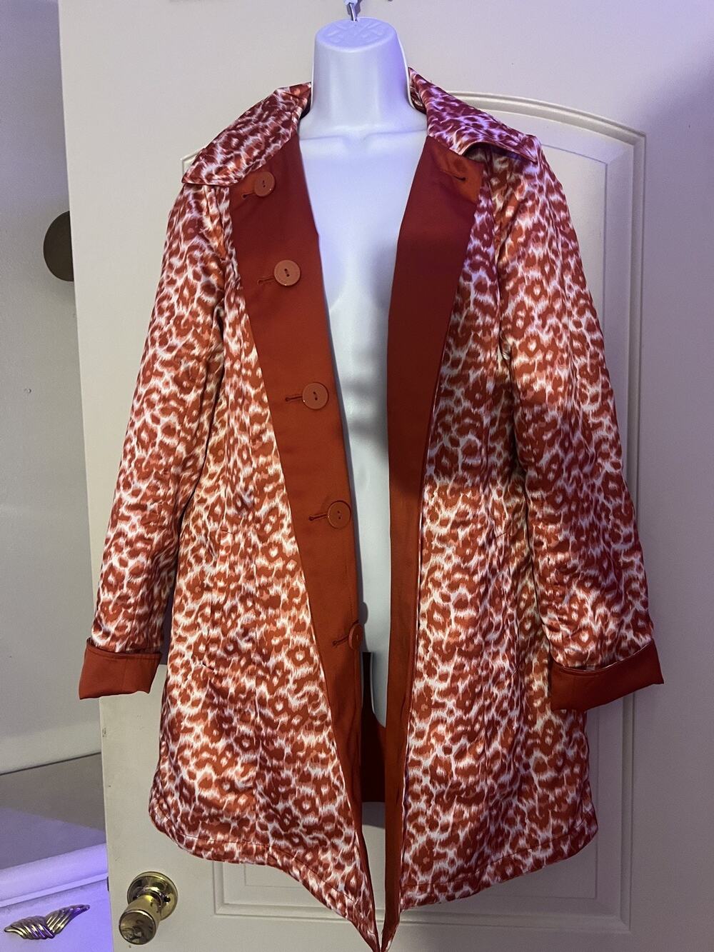 Dennis Basso Reversible Solid Orange & Beige Spotted Print Coat Jacket Large